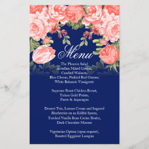 Botanical Dark Blue and Coral Flower Wedding  Menu
