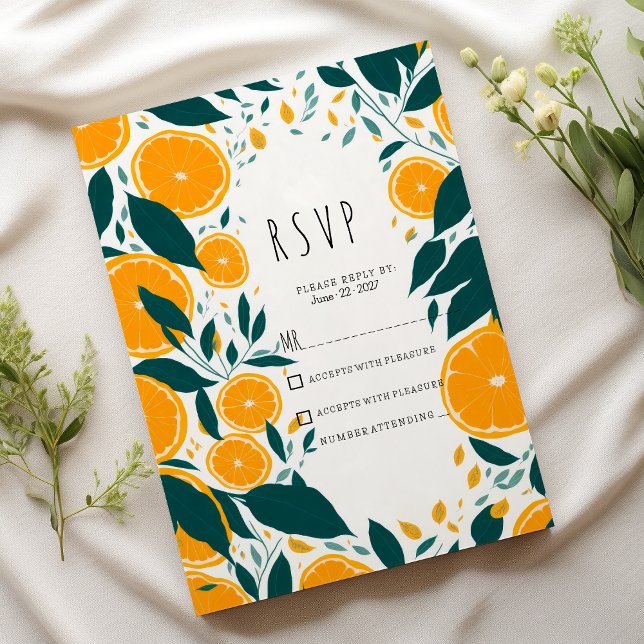 Botanical dark green citrus orange fruit RSVP  Invitation (Botanical dark green citrus orange fruit RSVP )