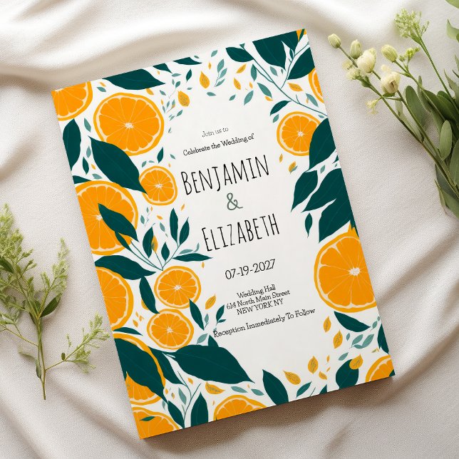 Botanical dark green citrus orange fruit Wedding Invitation (Botanical dark green citrus orange fruit Wedding)