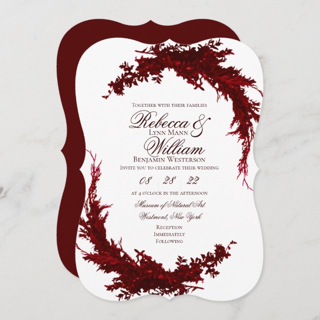 Botanical Dark Red and White Wedding Invitation (Front/Back)