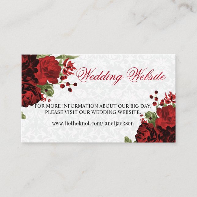 Botanical Dark Red Floral Design - Wedding Website Enclosure Card (Front)
