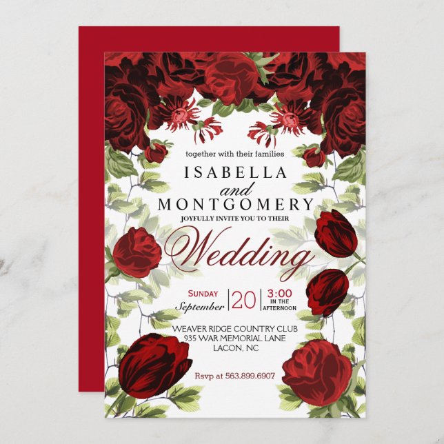 Botanical Dark Red Floral Wedding Invitation (Front/Back)