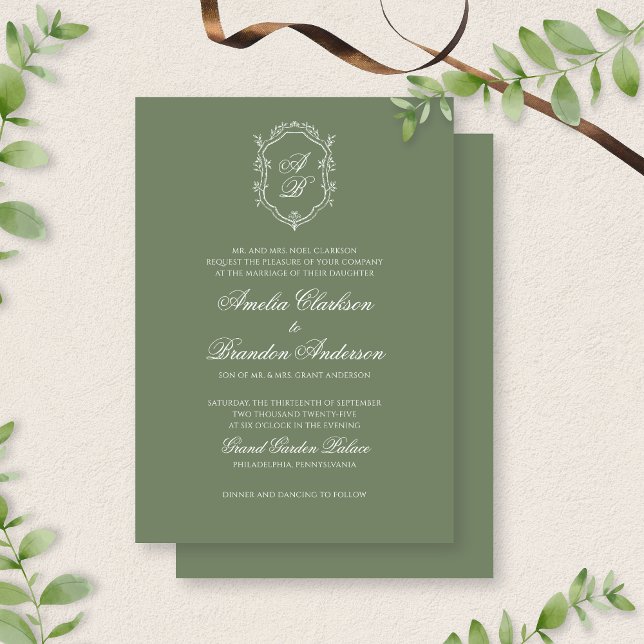Botanical Deep Sage Green Monogram Crest Wedding Invitation (Creator Uploaded)