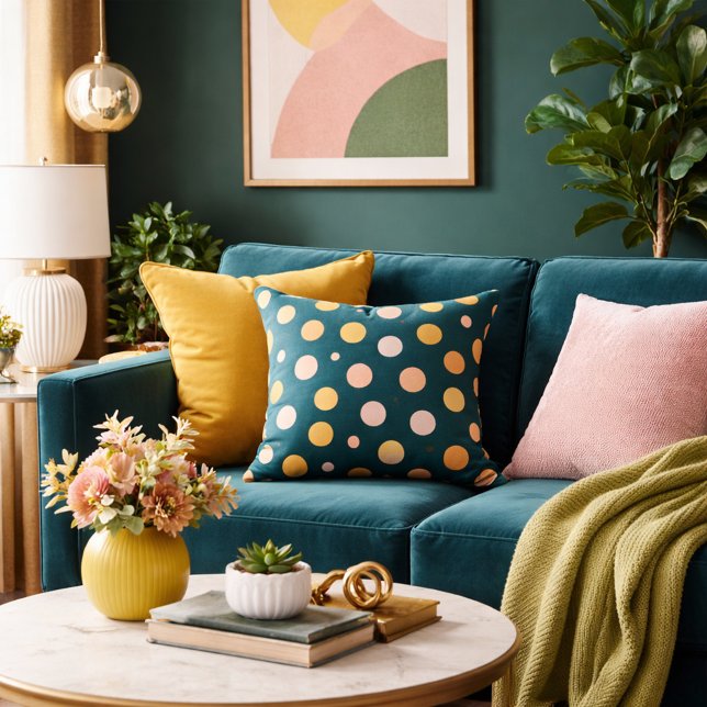 Botanical Deep Teal, Chartreuse & Blush Polka Dots Cushion (Creator Uploaded)