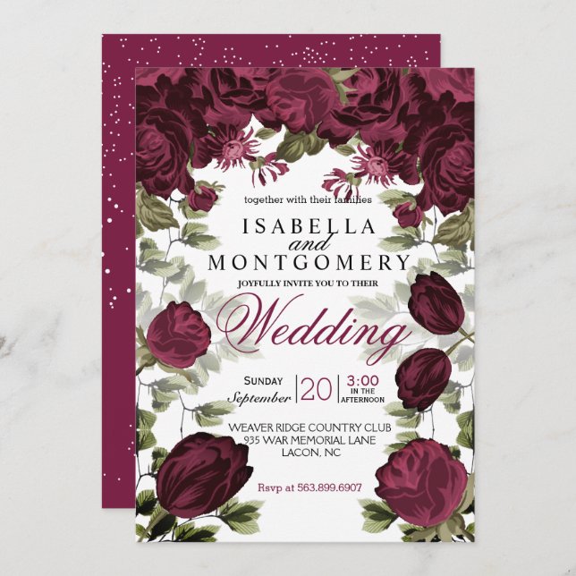Botanical Deep Wine Floral Wedding Invitation (Front/Back)