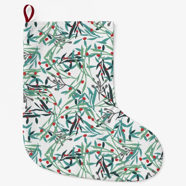 Botanical design with holly leaves and fruits large christmas stocking (Front)