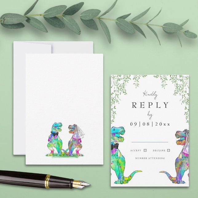 Botanical Dinosaur Wedding Reply RSVP Card (Colorful dinosaur wedding invitation rsvp enclosure card with watercolor foliage )