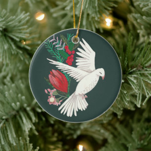 Botanical dove floral Christmas Ceramic Tree Decoration