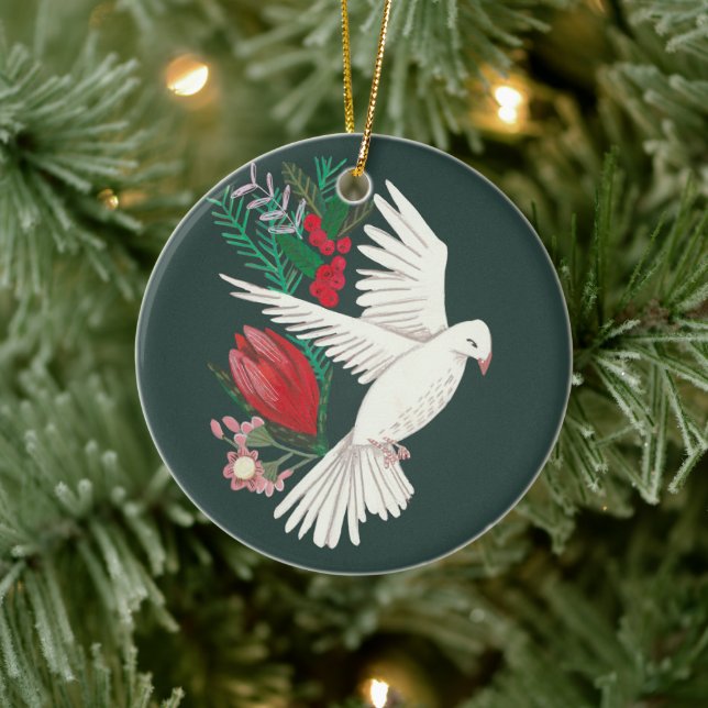 Botanical dove floral Christmas Ceramic Tree Decoration (Tree)