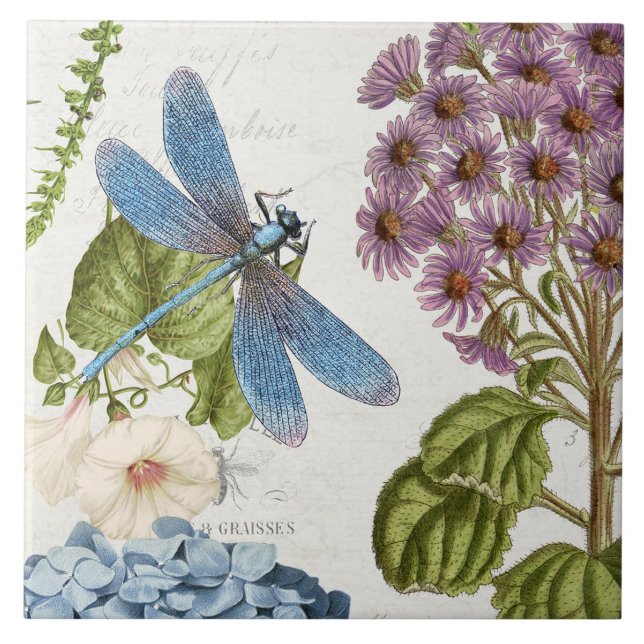 Botanical Dragonfly Wildflower Leaves Vintage 2 Tile (Front)