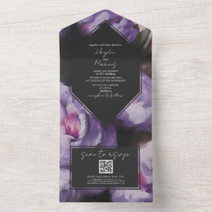 Botanical Dramatic Purple Floral Wedding RSVP QR All In One Invitation