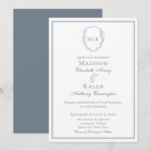 Botanical Drawn Crest Elegant Monogram Dusty Blue Invitation