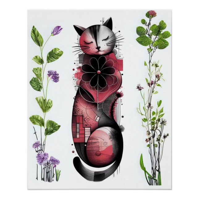 Botanical Dreams & Whiskers – Abstract Cat Poster (Front)