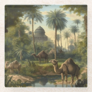 Botanical: dromedaries in the jungle near a river glass coaster