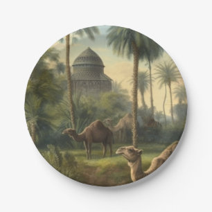 Botanical: dromedaries in the jungle near a river paper plate
