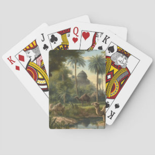 Botanical: dromedaries in the jungle near a river playing cards