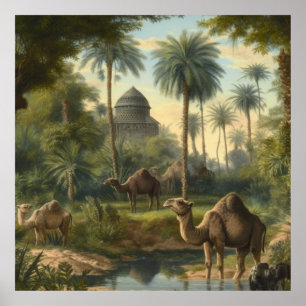 Botanical: dromedaries in the jungle near a river poster