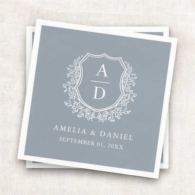 Botanical Dusty Blue Crest Wedding Monogram Napkin (Creator Uploaded)