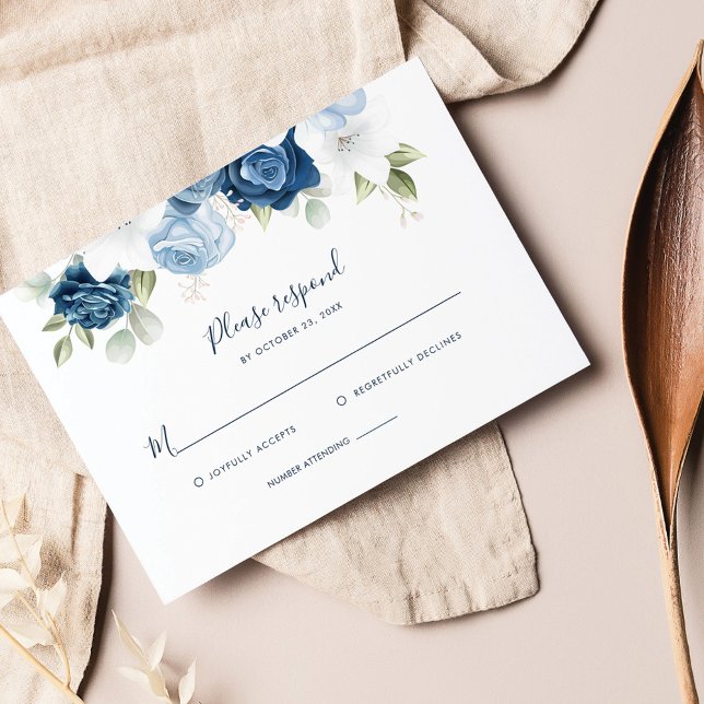 Botanical Dusty Blue Floral Greenery Script RSVP Card (Creator Uploaded)