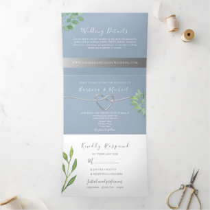 Botanical Dusty Blue Wedding Tri-Fold Invitation