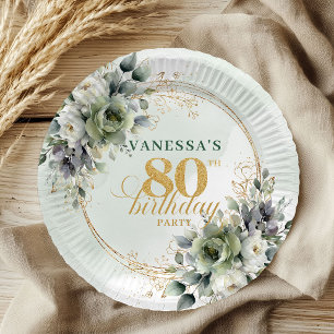 Botanical Dusty Green 80th Birthday Event Plates
