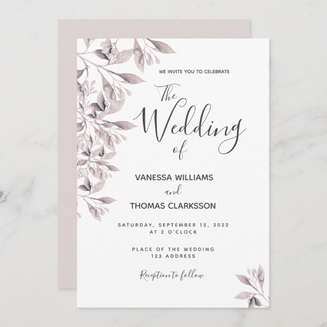 Botanical dusty rose foliage script wedding invitation (Front/Back)