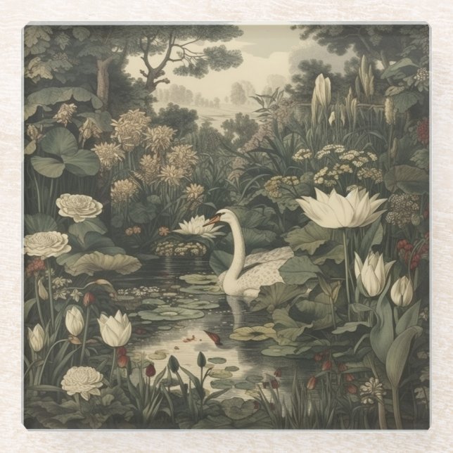 Botanical Elegance – Swan in the Forest Glass Coaster (Front)