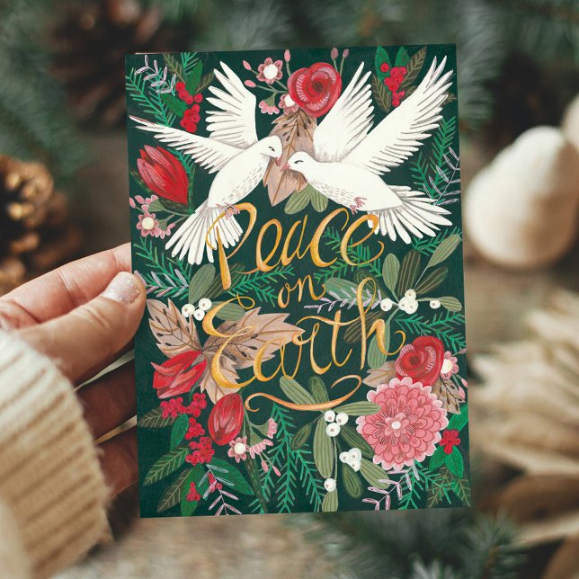 Botanical Elegant Green | Dove Birds Floral Holiday Card (Botanical Elegant Green | Dove Birds Floral Holiday Card)