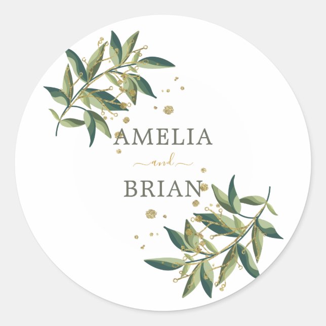 Botanical Elegant Greenery n Gold Floral Wedding Classic Round Sticker (Front)