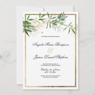 Botanical elegant white mint gold foliage wedding  invitation