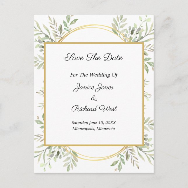 Botanical Eucalyptus Gold Frame Save The Date Postcard (Front)