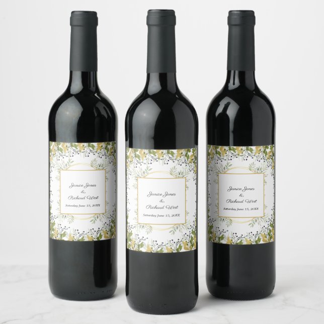 Botanical Eucalyptus Gold Frame Wedding  Wine Label (Bottles)
