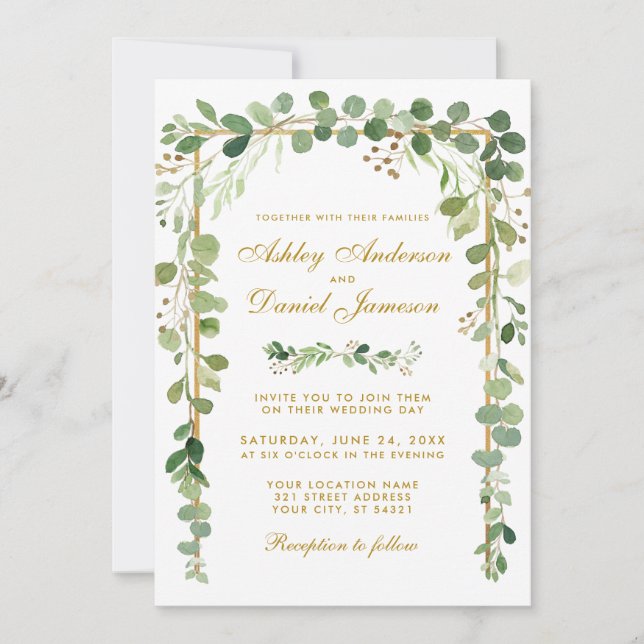 Botanical Eucalyptus Green Gold Frame Wedding W Invitation (Front)