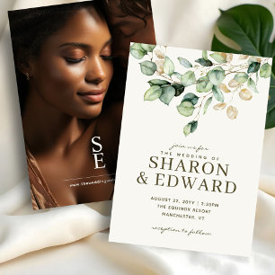 Botanical Eucalyptus Green & Gold Wedding Photo Invitation
