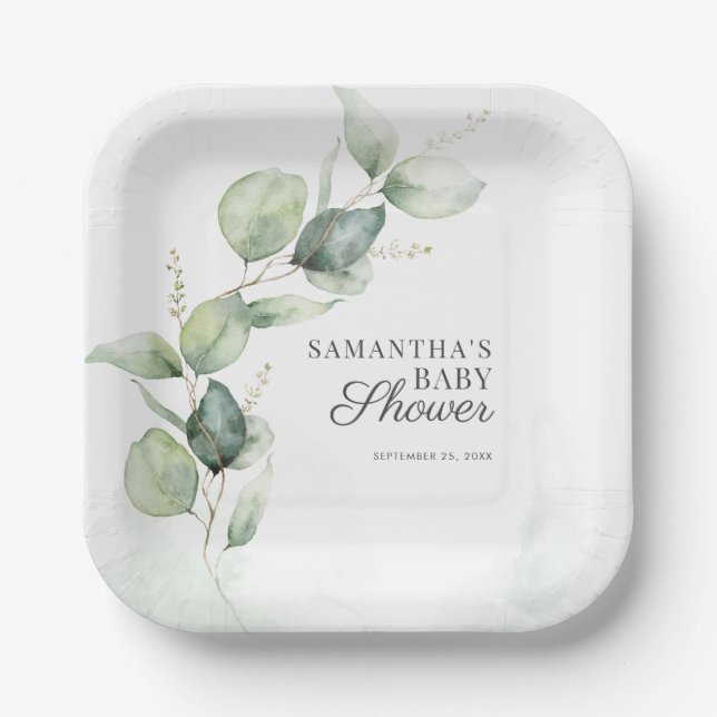 Botanical Eucalyptus Greenery Baby Shower Paper Plate (Front)