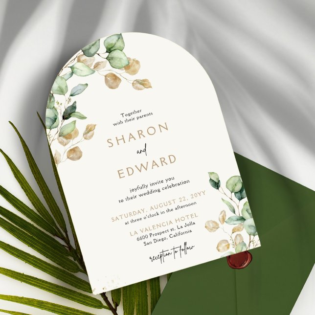  Botanical Eucalyptus Greenery & Gold Arch Wedding Invitation (Creator Uploaded)