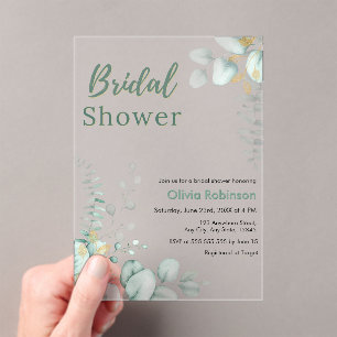 Botanical Eucalyptus Greenery Gold Bridal Shower  Acrylic Invitations