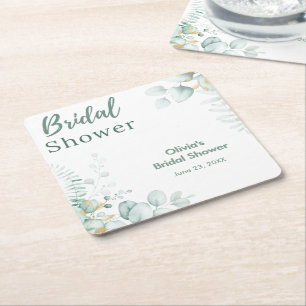 Botanical Eucalyptus Greenery Gold Bridal Shower  Square Paper Coaster