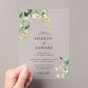 Botanical Eucalyptus Greenery & Gold Chic Wedding Acrylic Invitations