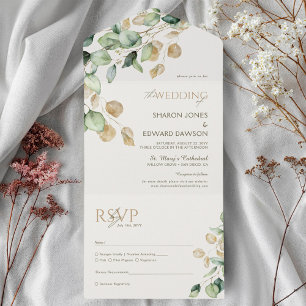 Botanical Eucalyptus Greenery & Gold Chic Wedding All In One Invitation