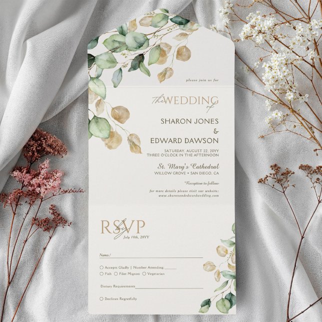 Botanical Eucalyptus Greenery & Gold Chic Wedding All In One Invitation (Creator Uploaded)