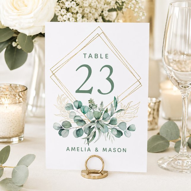 Botanical Eucalyptus Greenery Gold Frame Wedding  Table Number (Eucalyptus Greenery Faux Gold Wedding Table Number)