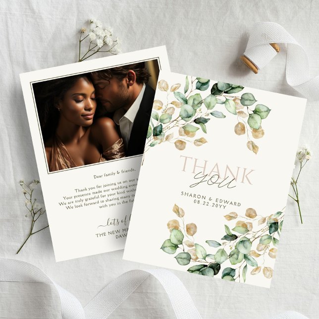Botanical Eucalyptus Greenery & Gold Photo Wedding Thank You Card (Creator Uploaded)