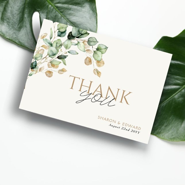 Botanical Eucalyptus Greenery & Gold Photo Wedding Thank You Card (Creator Uploaded)