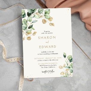 Botanical Eucalyptus Greenery & Gold Wedding Photo Invitation