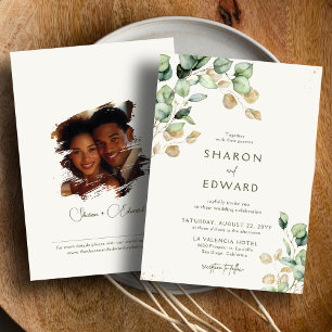 Botanical Eucalyptus Greenery & Gold Wedding Photo Invitation