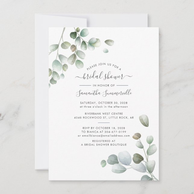 Botanical Eucalyptus Greenery Script Bridal Shower Invitation (Front)