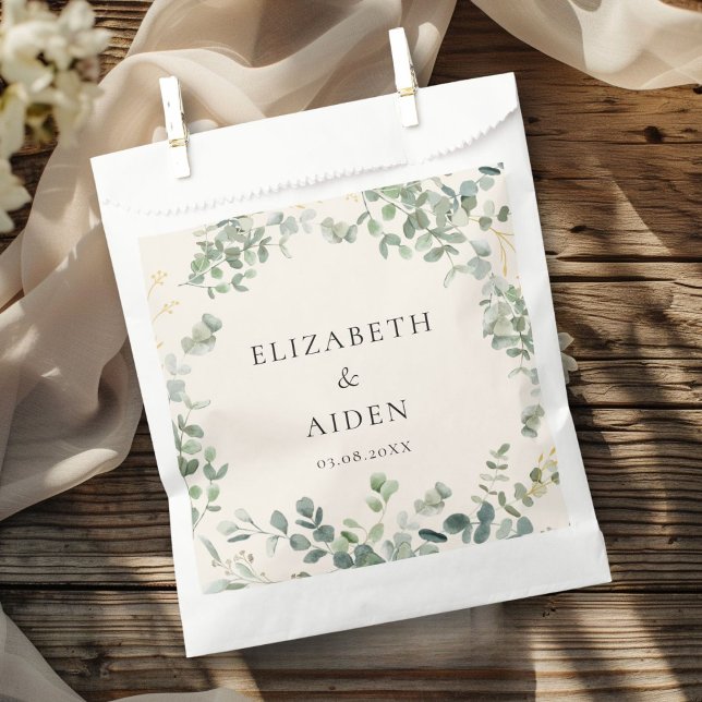 Botanical Eucalyptus Greenery Wedding Favour Bags (Eucalyptus Wedding Favor Bag with your name and date.)
