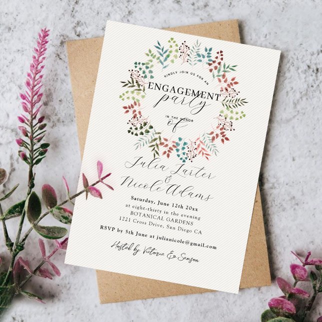 Botanical Eucalyptus Leaf Wreath Engagement Party Invitation (Creator Uploaded)