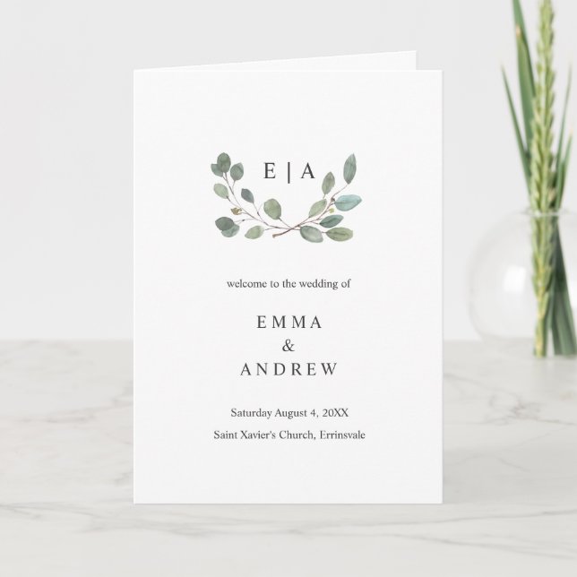 Botanical Eucalyptus Leaves Wedding Book Program Announcement (Front)